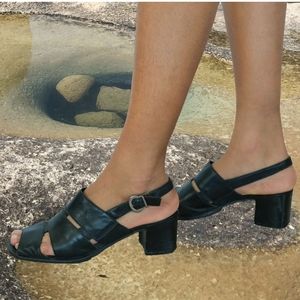 Black strappy leather sandals kitten heel